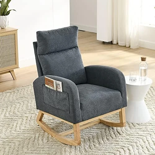 Krinana Nursery Rocking Chair With Solid Wood Legs, Glider Chair For Nursery With Two Side Pockets, Rocker Armchair For Living Room Bedroom (Beige, Linen Fabric) - Image 7