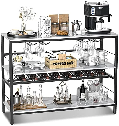 COZY EAGLE White Coffee Bar Cart, Bar Carts For The Home, Coffee Bar Cabinet With Storage And Wine Rack, Mini Coffee Bar Table For Home And Kitchen, Liquor Buffet Cabinet 39.4 Inch Marble White - Image 5