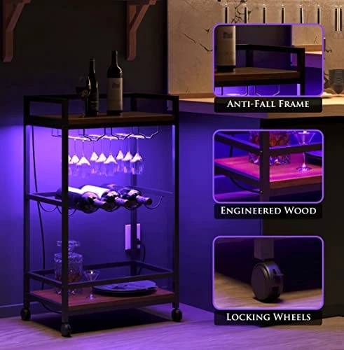 Boss Premium® BarUSA™ LED Bar Cart For Home Mini Portable Wine Bar Coffee Carts Small Mobile Serving Stand Liquor Beverage Drink Tea Alcohol Kitchen Rolling Cart - Designed In USA (Patented) - Image 2