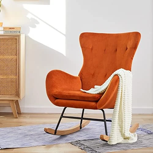FUNNIU Rocking Chair Nursery, Glider Chair For Baby Nursing With Cushion Teddy Velvet Upholstered Indoor Glider Rocker Comfy Armchair Living Room Chair Accent Chair With High Backrest And Armrests - Image 8