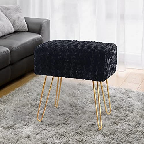 SCRIPTRACT Modern Mink Square Footstool Ottoman Bench Flower Pattern Furry Faux Fur Vanity Stool Chair With Golden Metal Leg For Vanity Entryway Bathroom Living Room Bedroom (Black Rose) - Image 4