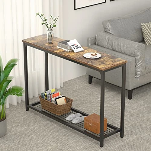 Ecoprsio 48 Inch Console Table, Long Sofa Table With Mesh Shelves, 2 Tier Entryway Table Foyer Table For Entryway, Front Hall, Hallway, Sofa, Couch, Living Room, Coffee Bar, Kitchen, Rustic Brown - Image 4