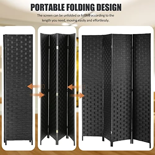 Room Divider,4 Panels 6FT Folding Privacy Screen Room Divider Wall Wood Mesh Hand-Woven Design Freestanding Partition Portable Wall For Home Office Bedroom(Black) - Image 3