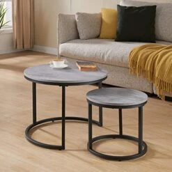 CENSI Modern Grey Marble Round Nesting Coffee Table For Living Room, 23.6" Industrial Stacking Wood And Metal Coffee Table Set Of 2(Grey Marble)
