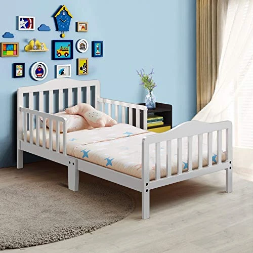 Costzon Toddler Bed, Classic Wood Kids Bed Frame W/Double Safety Guardrail, Low To Floor Design, Wooden Slat Support, Fits Full Size Crib Mattress, Bedroom Furniture For Boys & Girls (White) - Image 8