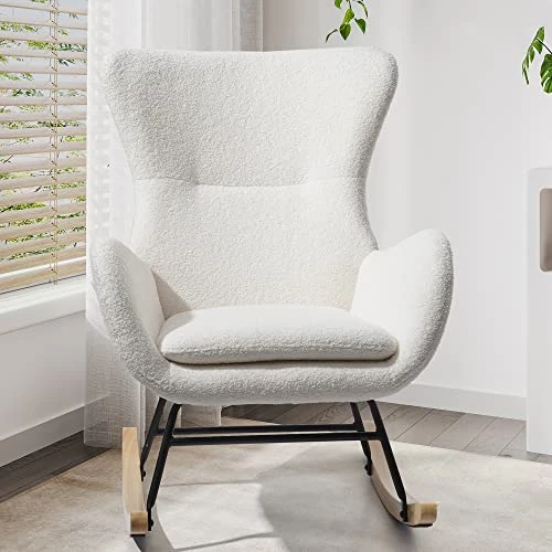 TOLEAD Nursery Rocking Chair, Modern Glider Rocker Chair For Baby Nursery, Upholstered Accent Chair With Side Pocket & High Backrest, Teddy Fabric Sherpa Armchair For Bedroom Living Room, Beige - Image 2