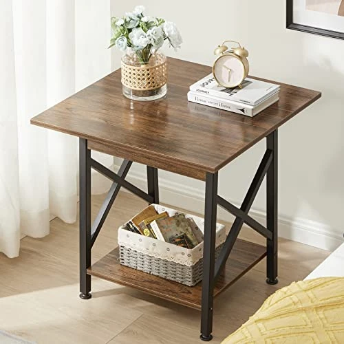 GreenForest End Table 24 Inch Industrial Design Large Side Table With Storage Shelf For Living Room, Easy Assembly, Rustic Walnut - Image 3