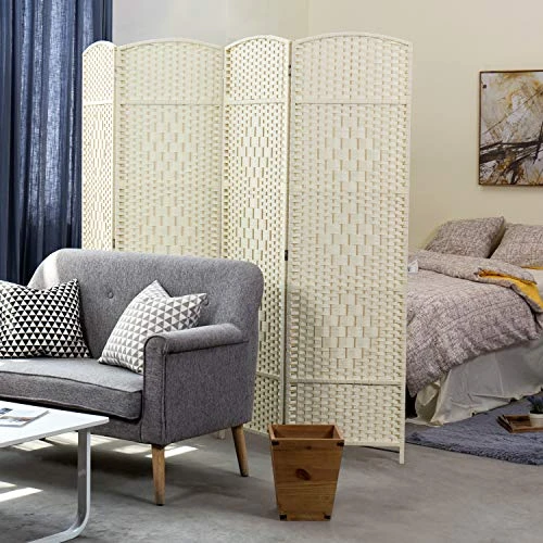 MyGift 4-Panel Dual-Hinged Freestanding Woven White Wood Room Divider - Image 4