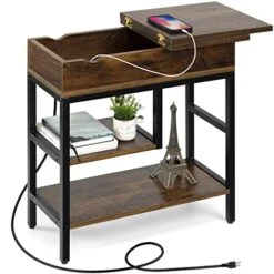 Hadulcet Side Table With USB Ports And Outlets, Narrow Sofa End Table With Storage Shelf For Small Sapces, Bedside Table Nightstand With Charging Station Rustic Brown