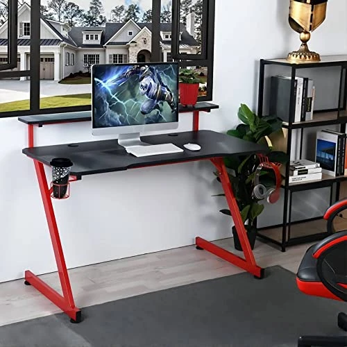 MNSSRN 47 Inch Gaming Table With Storage Rack, Metal Stand, Carbon Fiber Table Top, Ergonomic Design Gaming Gaming Table