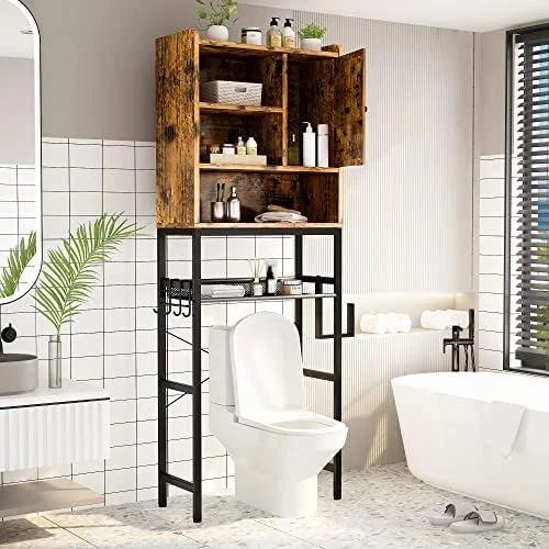 AWQM Over The Toilet Storage Cabinet, Bathroom Cabinet Organizer With Adjustable Shelf, Freestanding Space Saver Toilet Stands With Door, Paper Hook, Multifunctional Bathroom Toilet Rack, Rustic Brown - Image 6