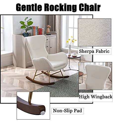 DM Furniture Sherpa Rocking Accent Chair Upholstered Nursery Glider Rocker For Baby Nursing Comfy Lounge Chair With Gold Legs For Living Room Bedroom, White - Image 4