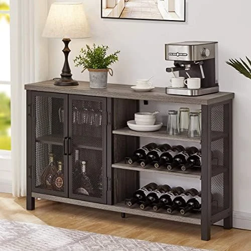 BON AUGURE Industrial Bar Cabinet For Liquor And Glasses, Rustic Metal Black Wine Bar With Bottle Rack And Stemware Rack, Free Standing Coffee Bar Cabinet For Home (Dark Grey Oak, 47 Inch) - Image 9