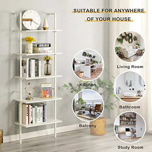 MELLCOM 5 Tier Industrial Ladder Shelf, Wood Modern Bookshelf With Metal Frame, Wall-Mounted Plant Flower Storage Organizer For Living Room, Bathroom, Kitchen, Balcony, White - Image 5
