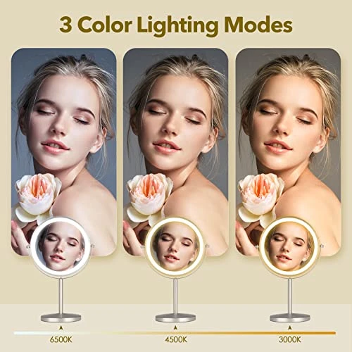 Rechargeable 8 Inch Desktop Vanity Mirror With Lights, 3 Colors 1X/10X Table Lighted Makeup Mirror With 360° Rotation Touch Screen, LED Dimmable Desk Lit Cosmetic Magnifying Mirror Brushed Nickel - Image 4