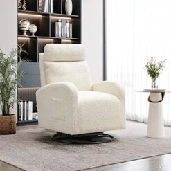 KINFFICT Modern Swivel Glider Chair, Upholstered Accent Glider Rocker For Baby Nursery, Comfy Tall Back Rocking Armchair With Side Pocket And Headrest For Living Room, Bedroom, White Teddy Fabric