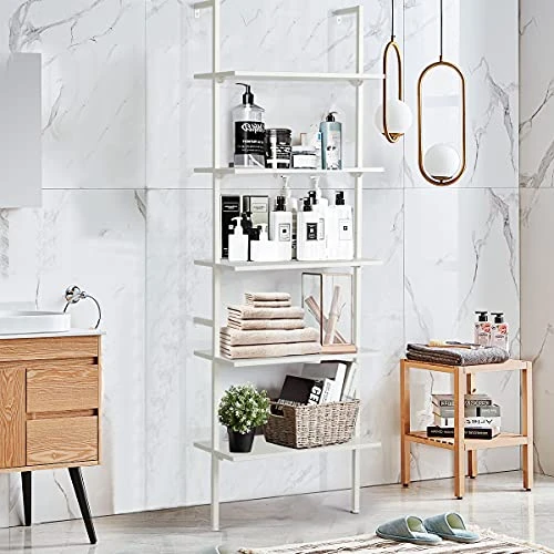 MELLCOM 5 Tier Industrial Ladder Shelf, Wood Modern Bookshelf With Metal Frame, Wall-Mounted Plant Flower Storage Organizer For Living Room, Bathroom, Kitchen, Balcony, White - Image 3