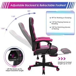 GYMAX Gaming Chair Office Chair, Adjustable Swivel Racing Style Computer Chair With Massage Lumbar Support, Headrest Armrest & Retractable Footrest, Video Gaming Chair For Home Theatre (Pink)