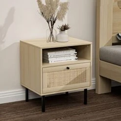 Natural Rattan Nightstand, End Table, Bedside Table, Modern Side Table With 1 Hand Made Decorated Door For Living Room, Bedroom