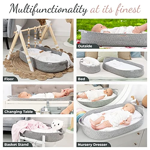 Premium Baby Changing Basket Set - With Pad, Moses Basket For Babies With Memory Foam Mattress - CPSC Approved, 100% Cotton Boho Nursery Decor, Changing Table Topper For Dresser With Covers - Image 4