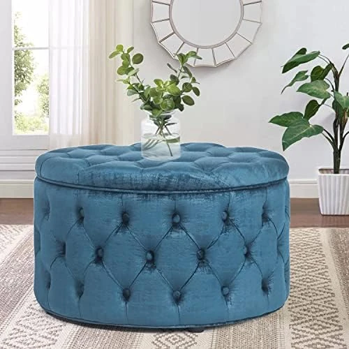 Homebeez Round Velvet Storage Ottoman Button-Tufted Footrest Stool Coffee Table For Living Room (Emerald Green) - Image 8