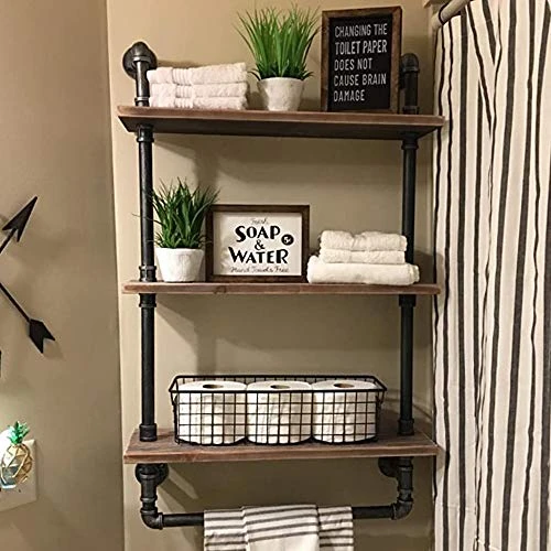 JIANZHUO Industrial Wood Bathroom Shelf Over Toilet With Towel Bar,Rustic Bathroom Shelves Floating Shelves 3 Tier,24in Pipe Shelves Pipe Shelf Towel Racks Wall Mounted,Farmhouse Pipe Shelving