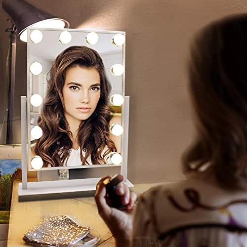 WEILY Hollywood Vanity Mirror With Lights,Large Lighted Makeup Mirror With 3 Color Light & 12 Dimmable Led Bulbs,Smart Lighted Touch Control Screen & 360 Degree Rotation(White) - Image 5