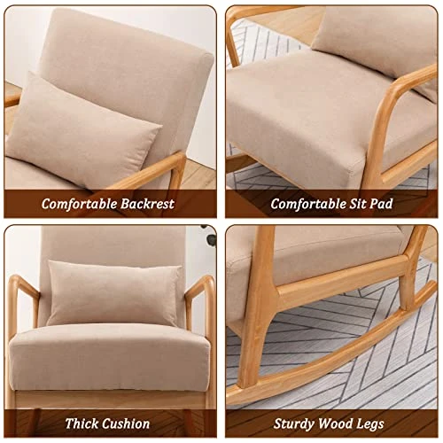 OKAKOPA Rocking Chair And Side Table, Modern Wood Small Accent Table End Tables Rocker Nursery Glider For Nursery Chair With Footrest For Living Room Bedroom (Table, Chair, Ottoman, Pillow - Beige) - Image 3