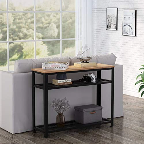 Tribesigns Console Table, Entryway Hallway Table With 2 Mesh Storage Shelves, Industrial Style, For Living Room, Corridor, Bedroom (Maple Wood) - Image 3