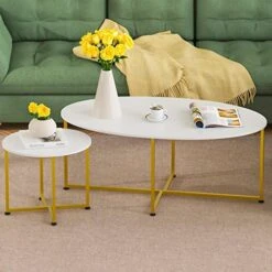 Sengroce Vintage Nesting Coffee Table Set Of 2, Medieval Oval Wood Accent Side Coffee Tables And End Tables And Set With Sturdy Metal Frame For Living Room Bedroom Balcony, Easy Assembly