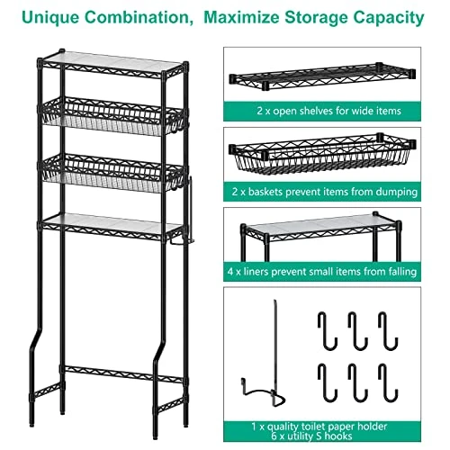 Folews Bathroom Organizer Over The Toilet Storage, 4-Tier Bathroom Shelves Over Toilet Shelf Above Toilet Storage Rack Freestanding Bathroom Space Saver With Adjustable Shelves And Baskets, Black - Image 5