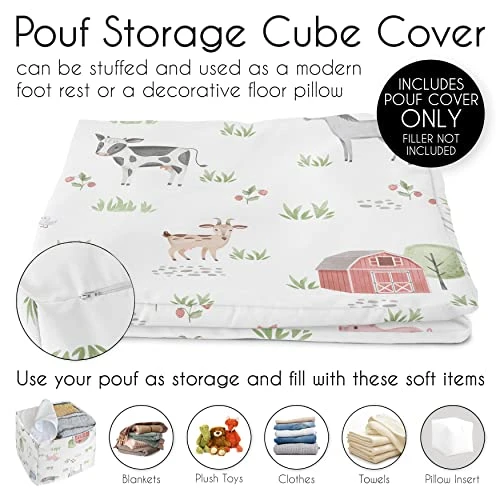 Sweet Jojo Designs Farm Animals Boy Girl Ottoman Pouf Cover Unstuffed Poof Floor Footstool Square Cube Pouffe Storage Baby Nursery Kids Room Gender Neutral Watercolor Farmhouse Barn Horse Nature White - Image 5