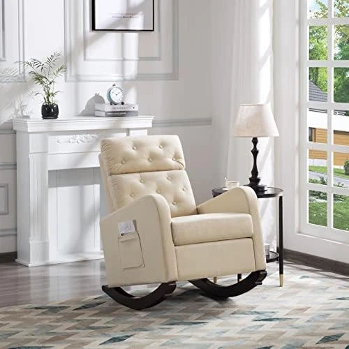 Modern Accent Rocking Chair, Button Tufted Upholstered Glider Rocker For Nursery, Comfy Armchair With Side Pocket, Lounge Chair With High Backrest For Living Room, Bedroom, Office (White Teddy) - Image 8