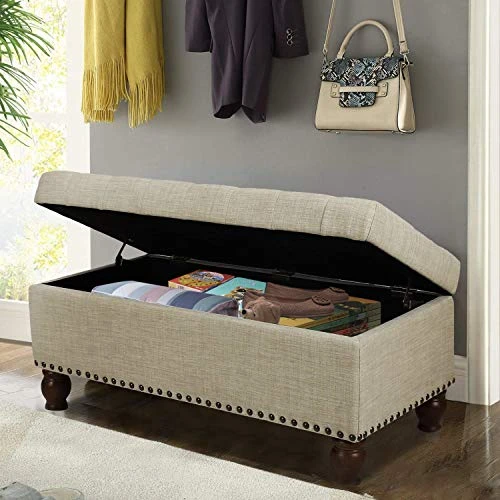 Asense Linen Fabric Rectangle Tufted Lift Top Storage Ottoman Bench, Footstool With Solid Wood Legs Upholstered Storage Bench (Noble Beige) - Image 2
