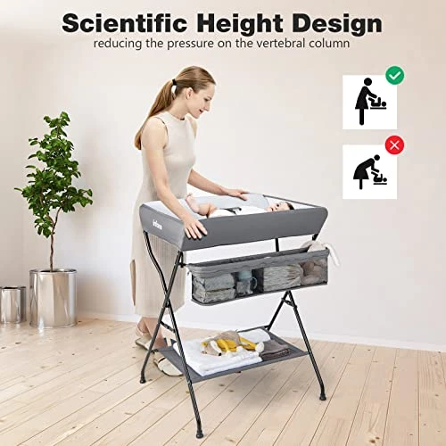 INFANS Baby Changing Table, Folding Diaper Station Portable Nursery Organizer With Safety Belt And Large Storage Racks For Newborn Baby And Infant (Grey) - Image 2