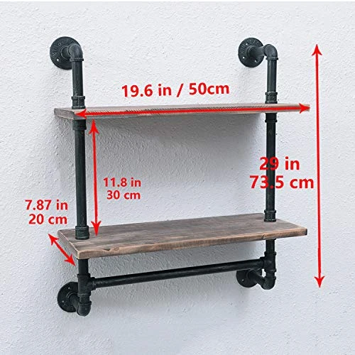 Industrial Pipe Shelf Bathroom Shelves Wall Mounted,19.6in Rustic Wood Shelf With Towel Bar,2 Tier Farmhouse Towel Rack Over Toilet,Pipe Shelving Floating Shelves Towel Holder,Retro Grey - Image 3