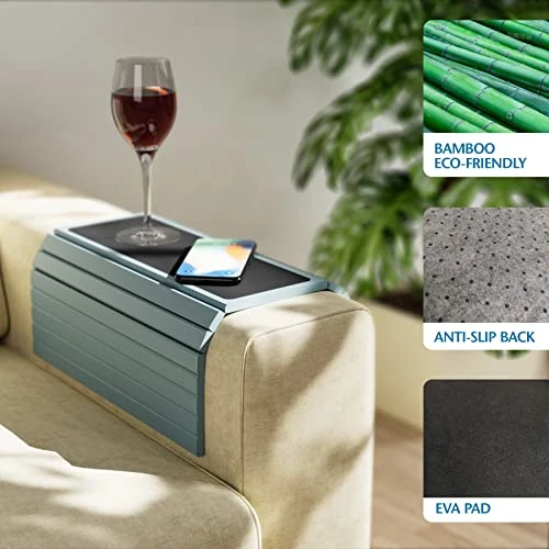 Semounva Bamboo Sofa Armrest Tray, Armchair Table Sofa Arm Tray, Bamboo Design Couch Arm Table Caddy For Snacks, Drinks, Remote, Cups, Flexible And Foldable Tray - Image 3