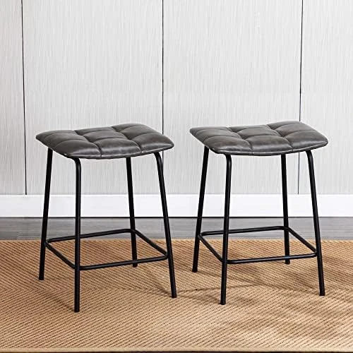 Duhome 24β Square Tufted Counter Bar Stools Set Of 2, Breathable Faux Leather Upholstered Barstool With Footrest, Backless Stool For Kitchen Counter Island Bar, YellowishBrown - Image 6