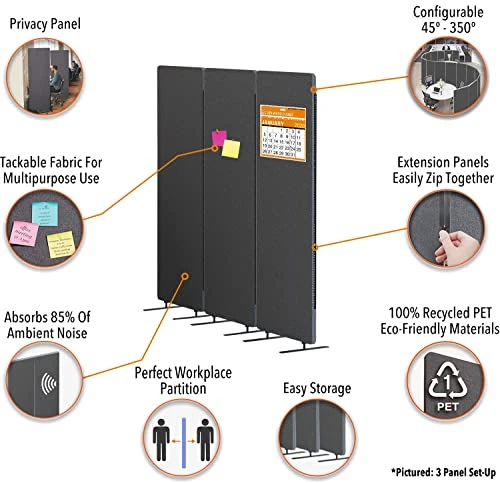 Stand Steady ZipPanels Office Partition | Room Dividers | Three Zip Together Panels Provide Privacy And Reduce Ambient Noise In Workspace, Classroom And Healthcare (Dark Gray)