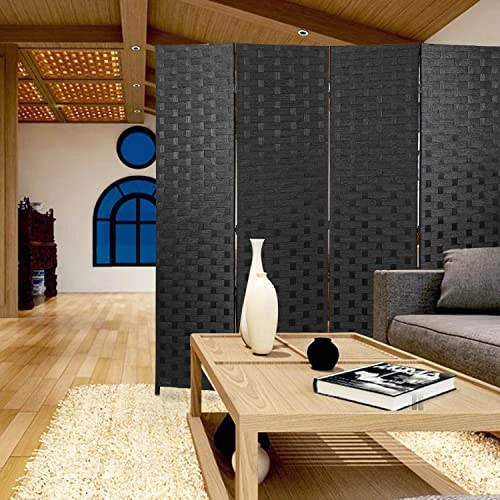 Room Divider,4 Panels 6FT Folding Privacy Screen Room Divider Wall Wood Mesh Hand-Woven Design Freestanding Partition Portable Wall For Home Office Bedroom(Black) - Image 5