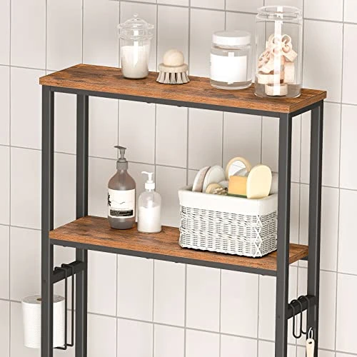 HOOBRO Over Toilet Bathroom Organizer, 2-Tier Over The Toilet Storage Shelf, With Toilet Paper Holder And Hooks, Sturdy And Durable, For Bathroom, Toilet, Rustic Brown And Black BF49TS01 - Image 3