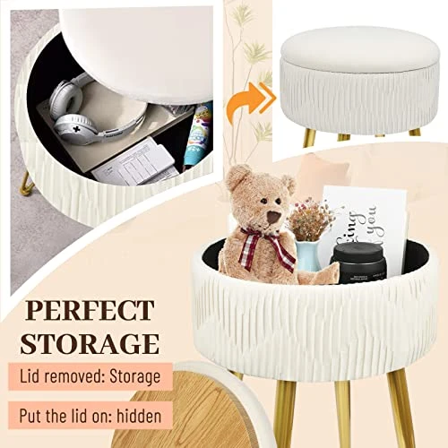 White Ottoman Vanity Stool With Storage - Flip Top Coffee Table Round Makeup Stool, Pleated Upholstered Velvet Stool With Gold Metal Legs,for Living Room, Bedroom - Image 5