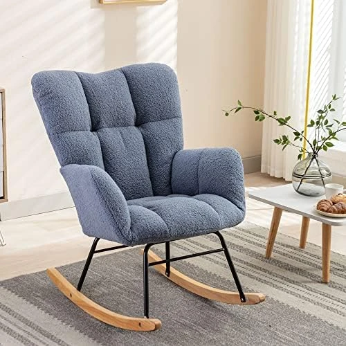 Krinana Teddy Fabric Nursery Rocking Chair, Rocker Armchair With Solid Wood Legs, Glider Chair Nursery With High Backrest For Living Room Apartment (Teddy Fabric,Green) - Image 9