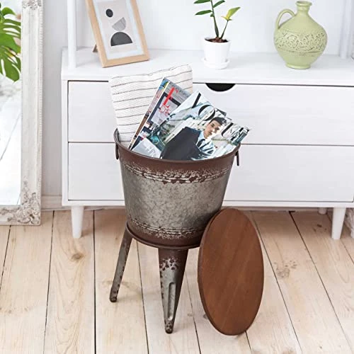 Hallops Farmhouse Accent Side Table | Galvanized Rustic Coffee Table | Metal Storage Ottoman Wood Cover With Stand| Farmhouse Decor Storage Bench With Legs(Set Of 1, Distressed Rustic) - Image 5