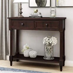 P PURLOVE Sofa Table Antique Style Wooden Console Table With 2 Drawers And Bottom Shelf (Dark Espresso)