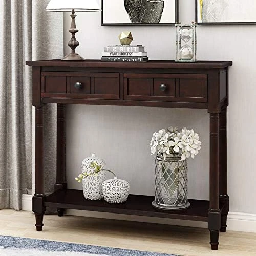 P PURLOVE Sofa Table Antique Style Wooden Console Table With 2 Drawers And Bottom Shelf (Dark Espresso) - Image 5