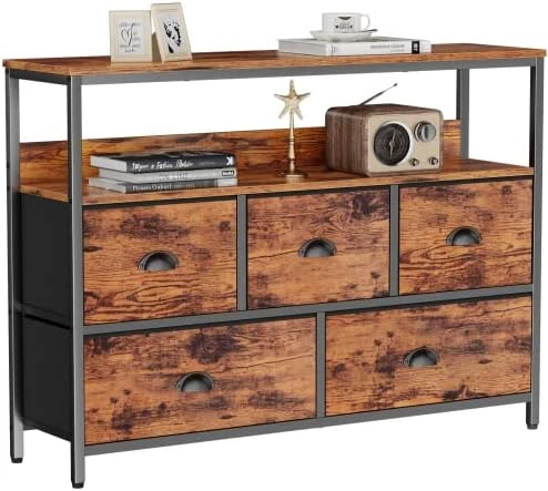 Furologee Console Table, Dresser TV Stand For Bedroom, Tall Entertainment Center With Shelves, Sofa Table With 5 Fabric Drawers Closet Storage Organizer For Living Room/Entryway/Hallway, Rustic Brown - Image 7