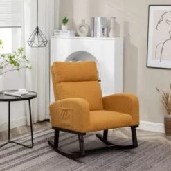 Zaboro Modern Nursery Rocking Chair, Upholstered Glider Rocker, Teddy Material Comfy Accent Armchair With High Back, Mid-Century Lounge Arm Chair For Living Room, Yellow