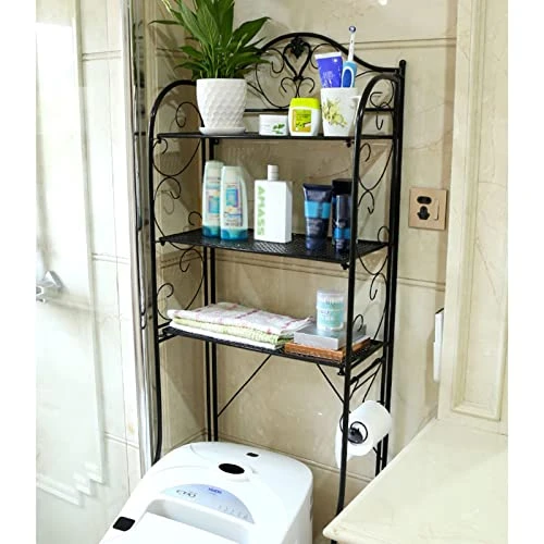 LISDERGOD 3 Tier Over-the-toilet Storage Rack, Modern Wrought Iron Bathroom Organizer Free Standing Restroom Organizers For Paper Towels Shampoo With Hooks And Toilet Paper Holder For Balcony/laundry - Image 3