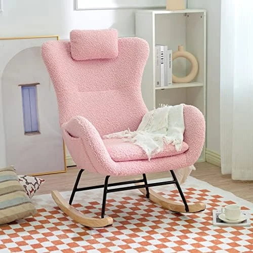 Honeyness Nursery Rocking Chair, Modern Glider Rocker With High Backrest Armchair, Comfy Teddy Upholstered Rocking Accent Chair For Living Room Bedroom Office (Pink) - Image 8